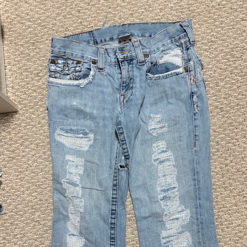 True Religion Light Blue Distressed Straight Leg Jeans